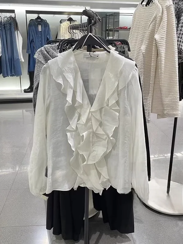 

Sweet Sle Long Sve V-Ne Loose irt Layered Decoration New Arrival Women's Spring Faion irt Casual Busin Lady