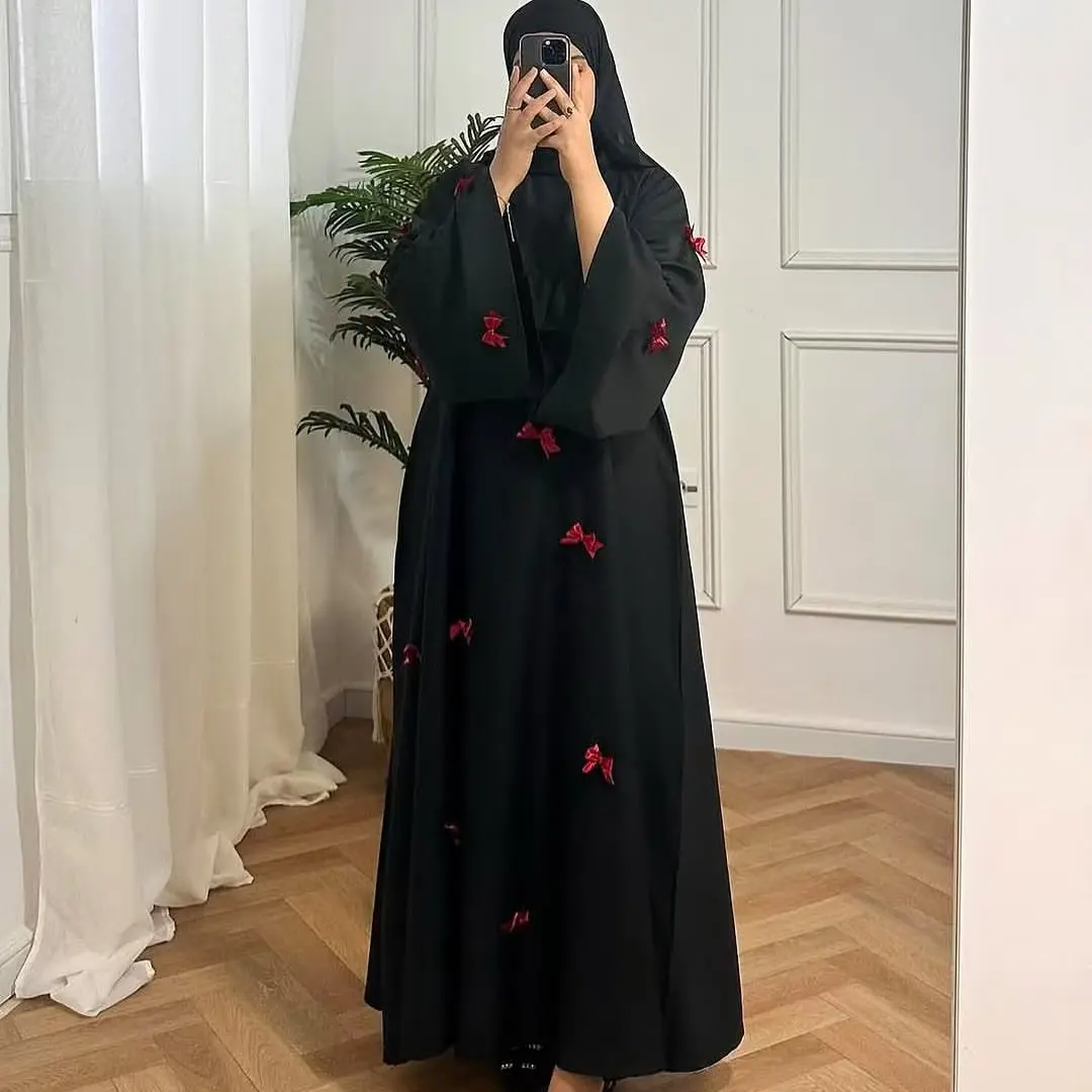 

New Arrival Loose Waist Big Wing Muslim Fashion Dress Long Dresses Bow Decoration Stand Collar Flare Sleeves Women Abaya