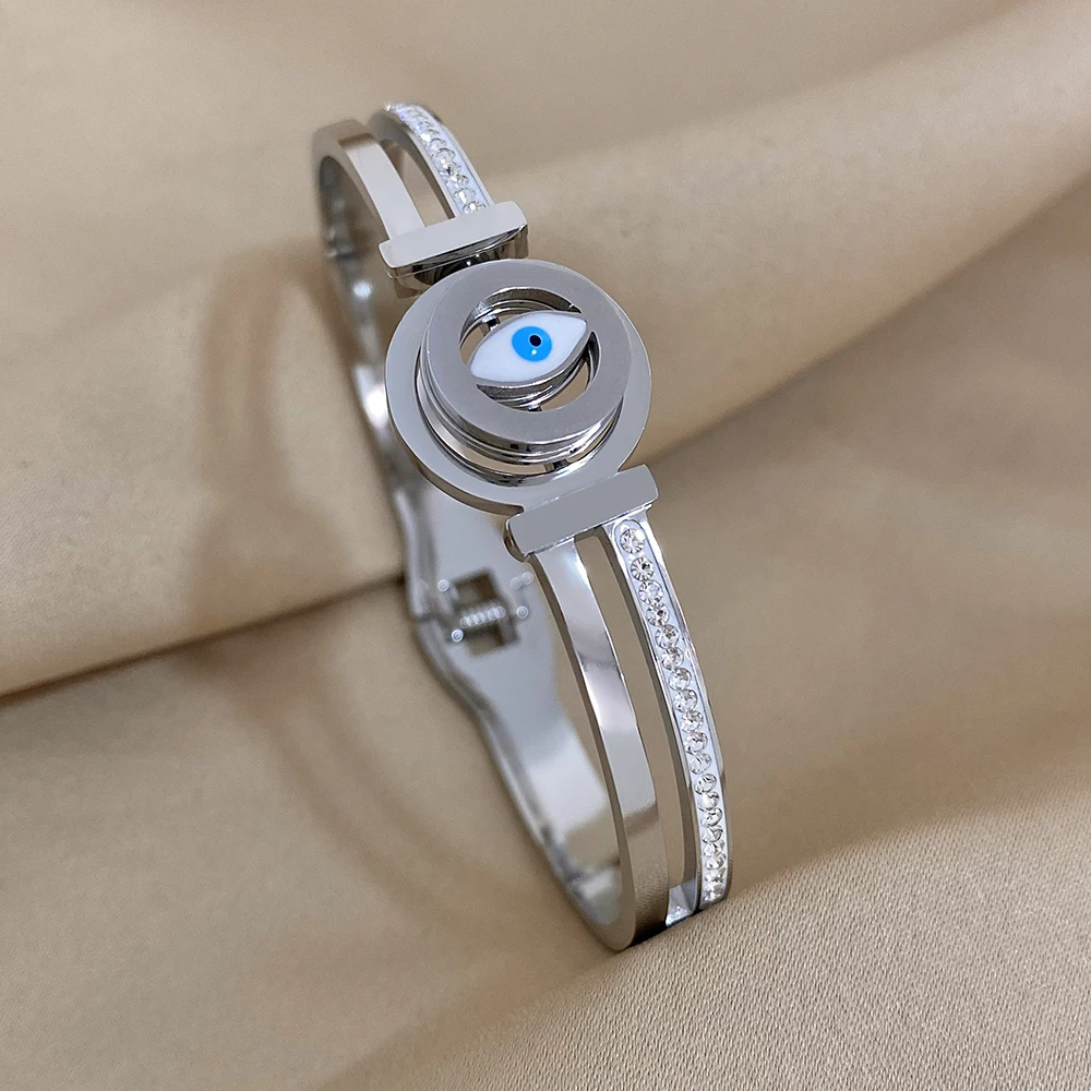 Evil Eye Stainless Steel Charm Bracelet, Rhinestone