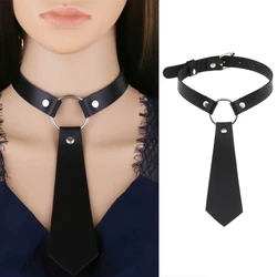 Women Dark Gothic Imitation Leather Black Neck Tie Punk O-Ring Studded Choker Necklace Vintage Personality Cosplay Pre-Tied
