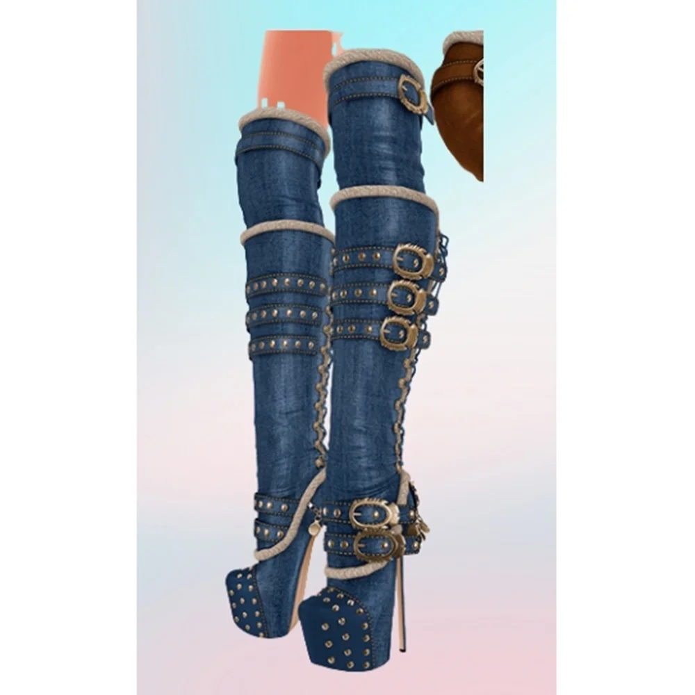 

Blue Buckle Belts Fur Metal Rivets Over the Knee Boots Strappy Chain Decor Fashion Women Shoes 2025 New Design Party Para Mujere