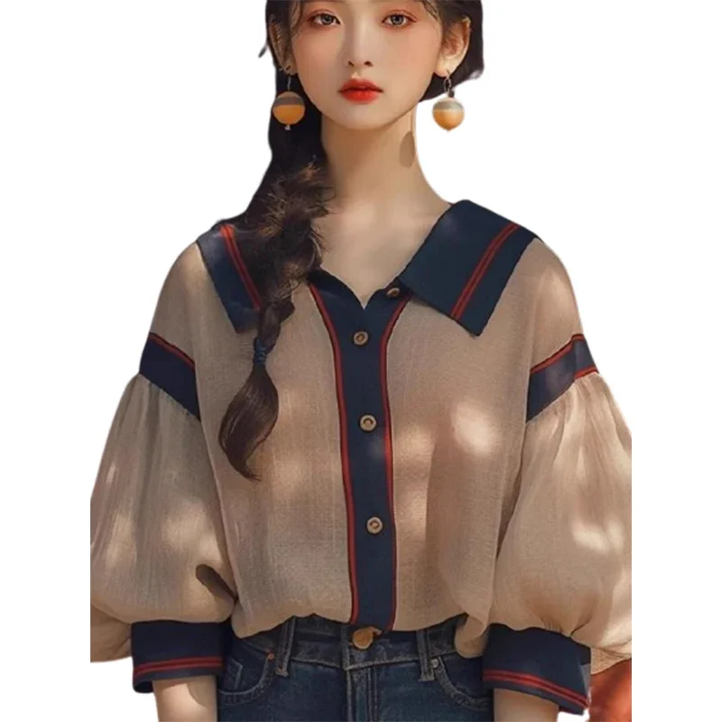 Vintage Women\'s Blouses Spring/Summer New Stripes Loose Fit Tops Long Sleeves Korean Clothing Sales Patchwork Women Shirts