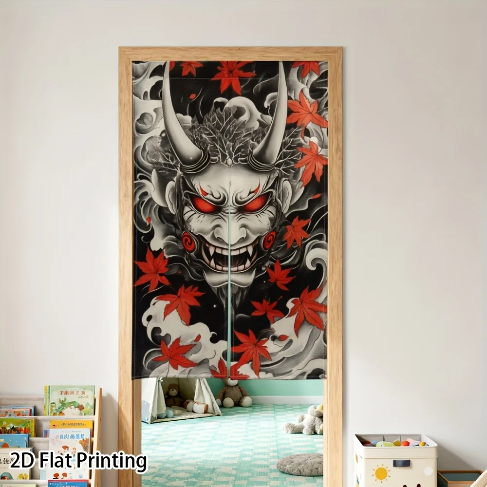 Japanese Noren Demon Mask Print No-Drill Curtain Easy Clean Machine Washable for Kitchen Cabinet Closet Door Decor