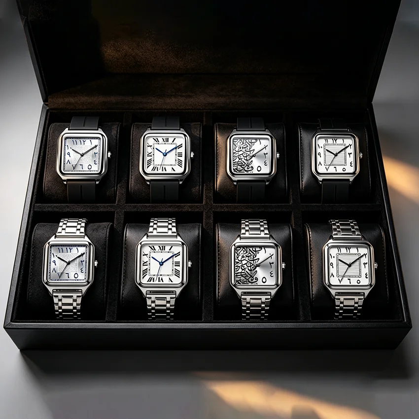 Multi Styles Square Quartz Watch Men Women, Black Rubber Metal Strap Arabic Roman Dial Men Wristwatch Couple Watch Gift
