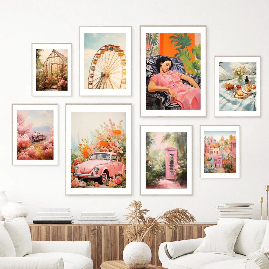 

Sleeping Beauty Ferris Wheel Pink Train Pastoral Impressionist Style Fashion Wall Art Canvas Painting Nordic Poster Room Decor