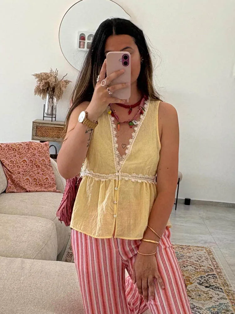 

HH женский летний модный однобортный сексуальный топ без рукавов с v-образным вырезом и кружевной отделкой, женский элегантный вечерний топ со складками по подолу