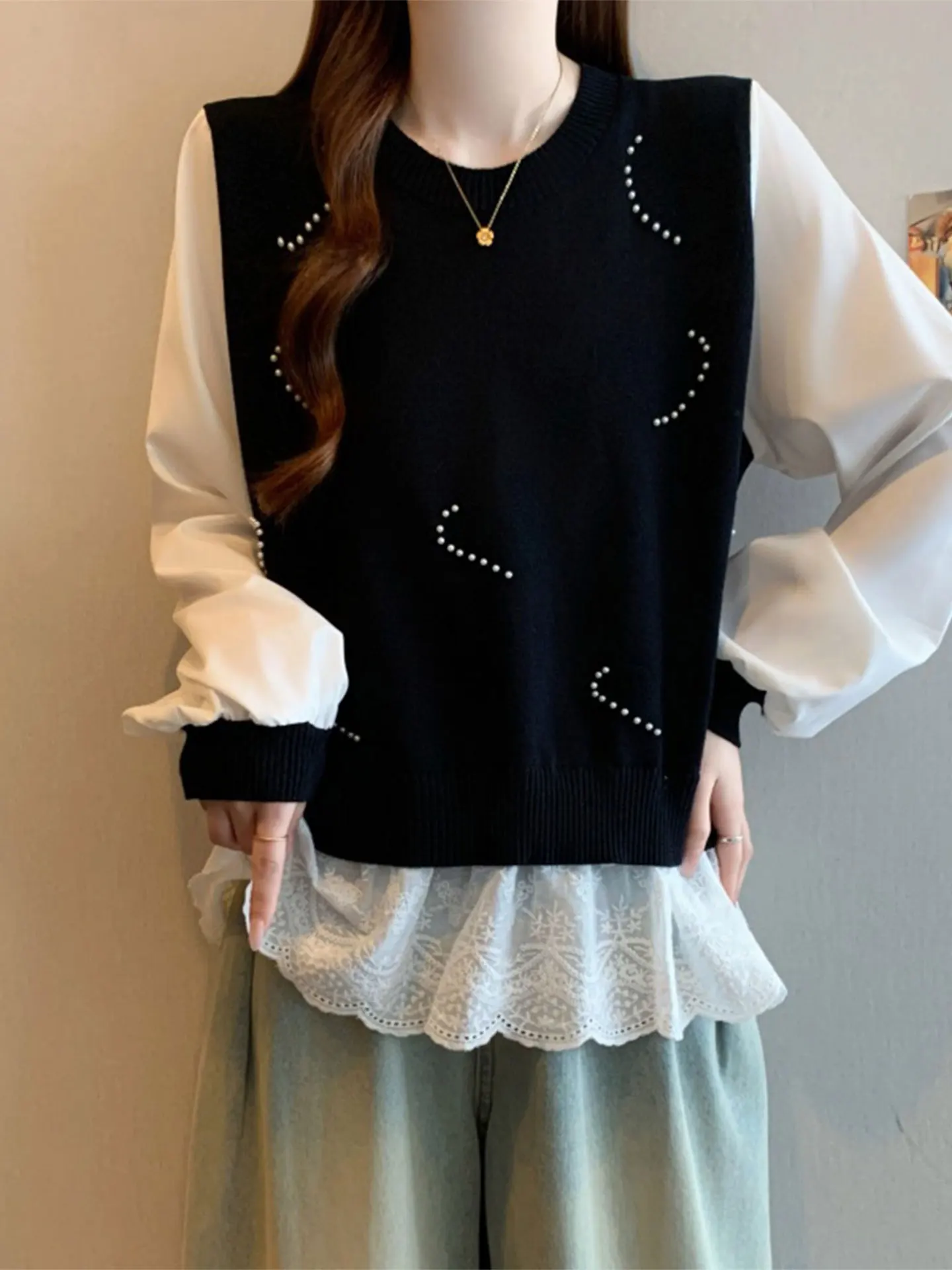 

Lace Splice Long Sve irt Women's plus Size Casual Sle Casual Spring 2026 Big Code Fat MM High Design Sense Pearl Top