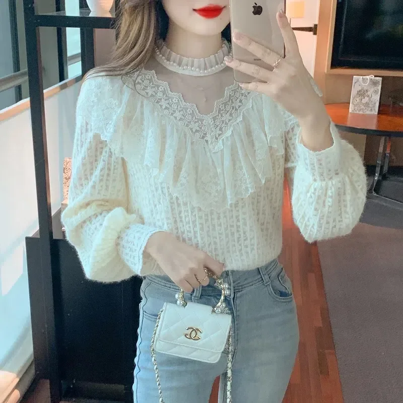 Lace Shirt with Women's Velvet New Style French Court Style Long Sleeved Stand Up Collar Ruffle Edge Temperament Fashionable