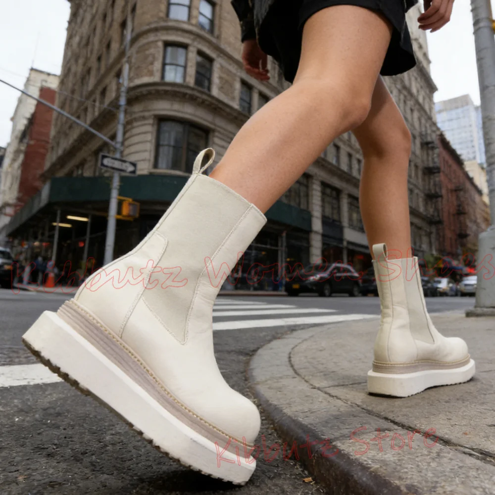 

Ботинки Chelsea Ankle Smoke Tube на толстой платформе с квадратным носком, винтажные, без застежек, из белой кожи, модные, с квадратным носком