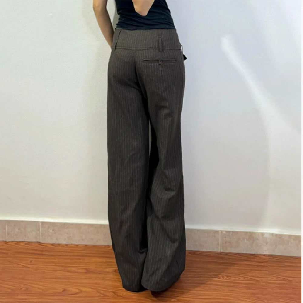 Customized Elegant Vintage Suit Pants for Women Wide Leg Stripe Black Pant Sets Smart Casual Slim Fit Daily Life Female Clothing
