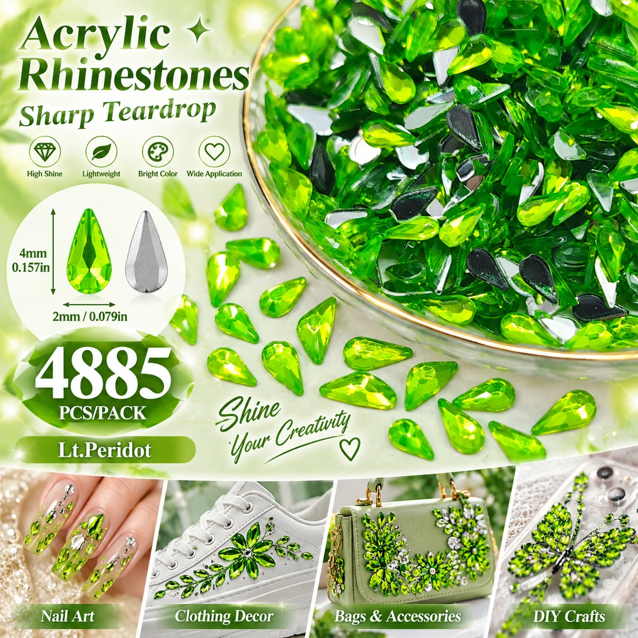Acrylic Sharp Teardrop Rhinestones Lt.Peridot/Emerald/Sapphire/Dark.Purple/White 2×4mm 4885Pcs Flatback Gems for Nail Art Crafts