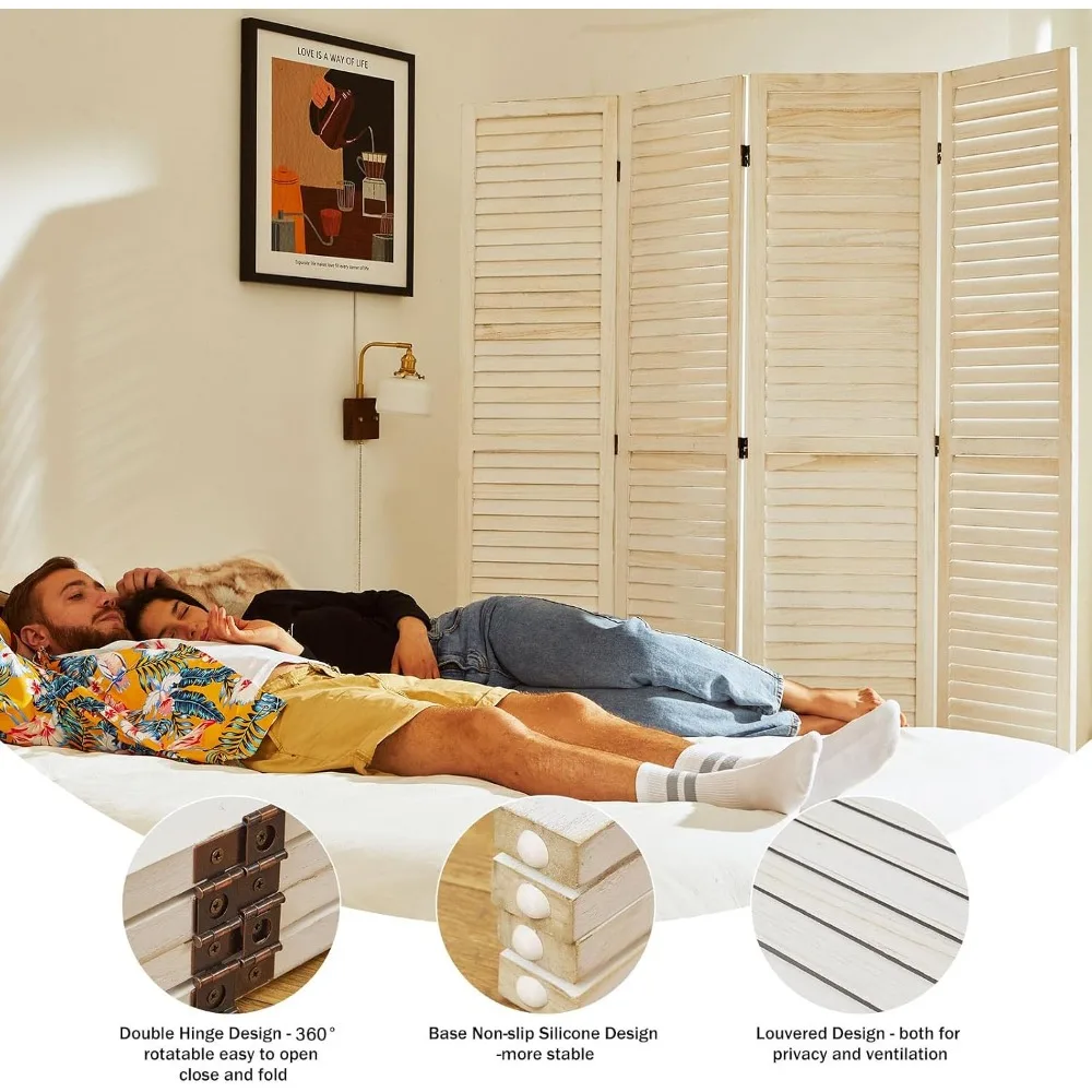 Wood Louvered Room Divider 4 Panels Folding Privacy Screen 67x60in White-Washed