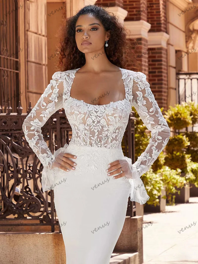 Gorgeous Wedding Dresses Satin Sheath Mermaid Lace Appliques Full Sleeves Bridal Gowns Square Collar Graceful Vestidos De Novia