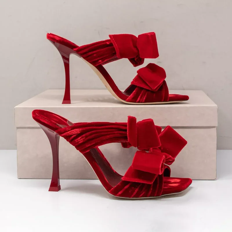 

Suede Buttefly Knot Slippers Sexy Square Toe Thin Heel Slip On Solid Patent Leather New Arrivals Fashion Women Modern Shoes