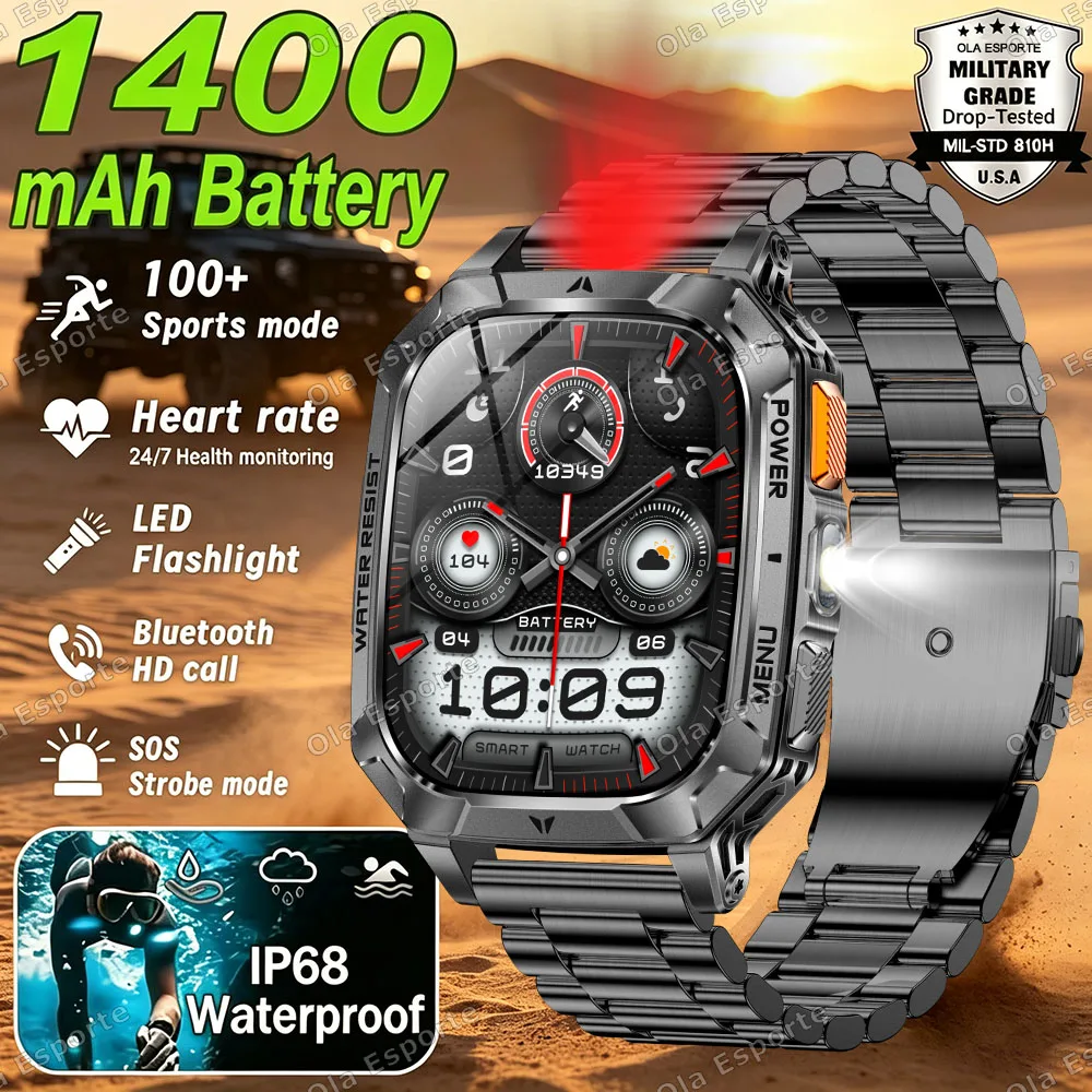 New 1400mAh Battery Military Smartwatch Men Waterproof Flashlight Health Monitor 100+ Sports Call GPS Tracking Smart Watch Ht30