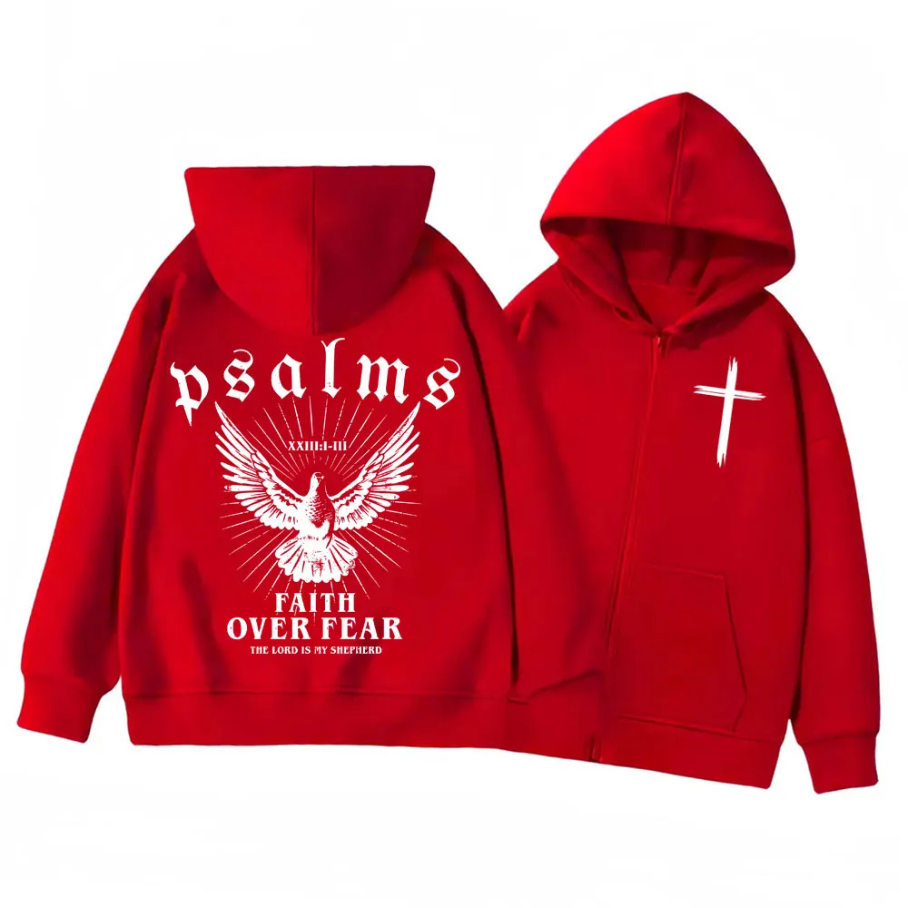 Christian Jesus Faith Over Fear Bible Verse Zipper Hoodie Men's Women's Fashion Vintage Zip Up Pullovers Casual Loose Sweatshirt