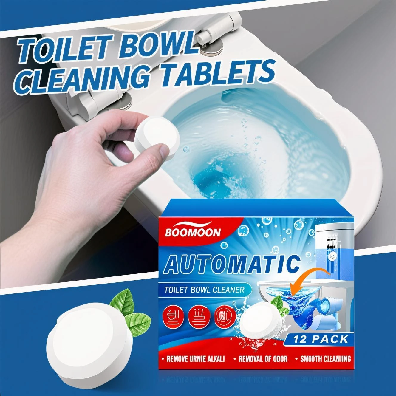 Tablettes nettoyantes automatiques tout-en-un pour toilettes, lot de 12 - Nettoyage en profondeur effervescent, élimine instantanément le calcaire et les odeurs d'urine.