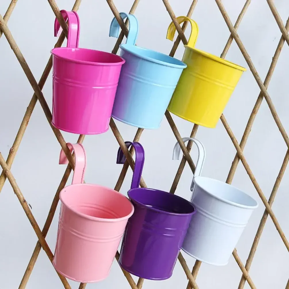 Iron Hanging Flower Pot Balcony Planter with Detachable Hook Solid Color Herb Pot for Indoor Windows Garden Fence Railing