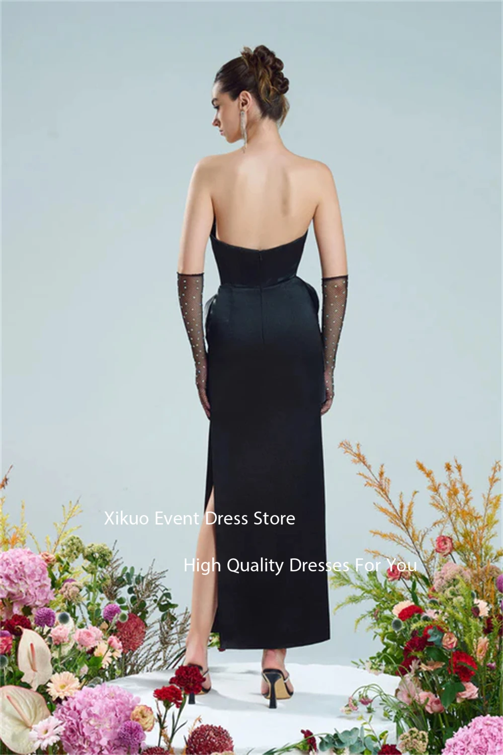 فساتين سهرة Xikuo كريستال سوداء بفتحة مستقيمة من Vestidos De Gala بطول الكاحل مكشكشة فساتين المشاهير حسب الطلب