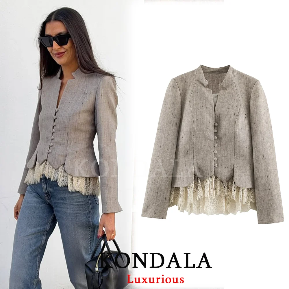 KONDALA Office Lady Casual Chic Women Blazer Lace Patchwork O-Neck Single Breasted Long Sleeve Blazer Fashion 2026 Autumn Blazer
