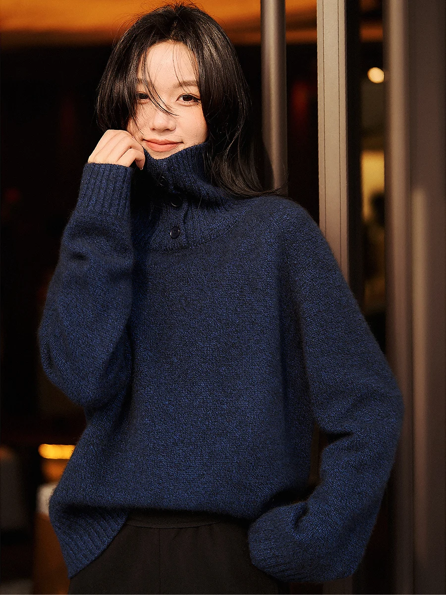 

Мягкий вязаный свитер с высоким воротником из козьей шерсти, теплый, однотонный, свободного кроя, для повседневной носки, женский