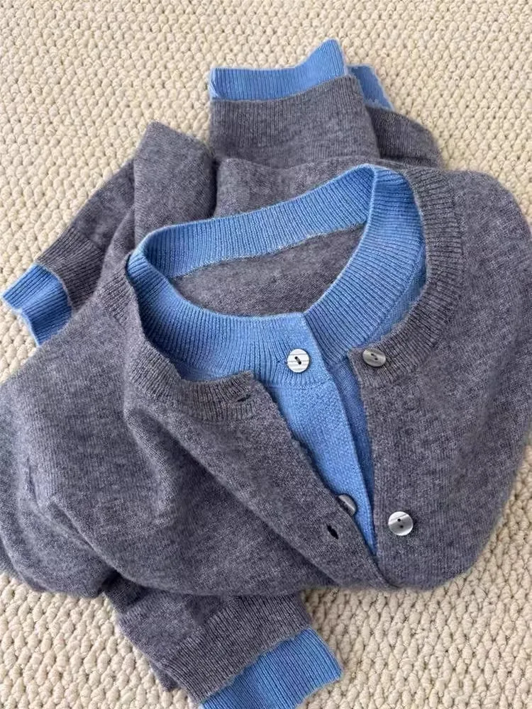 Fake Two 100% Pure Cashmere Sweater Cardigan Dark Grey High-grade Wool Knit Coat Top Women V Neck Button Front Loose Soft Knitte 4