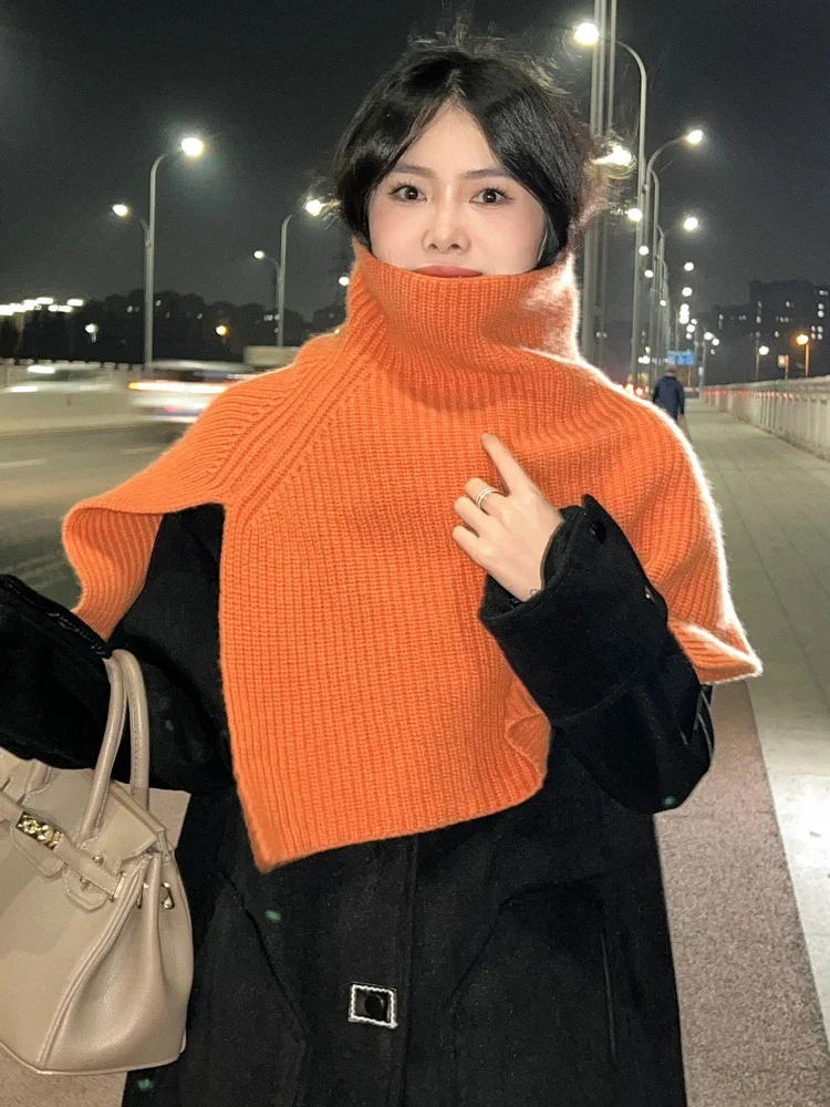 

Women 100% Wool Short Poncho Turtleneck Shawl Wraps Thick Ribs Knitted Accessories Cape Soft Wool Scarf Neck Warmer Cappa 2023