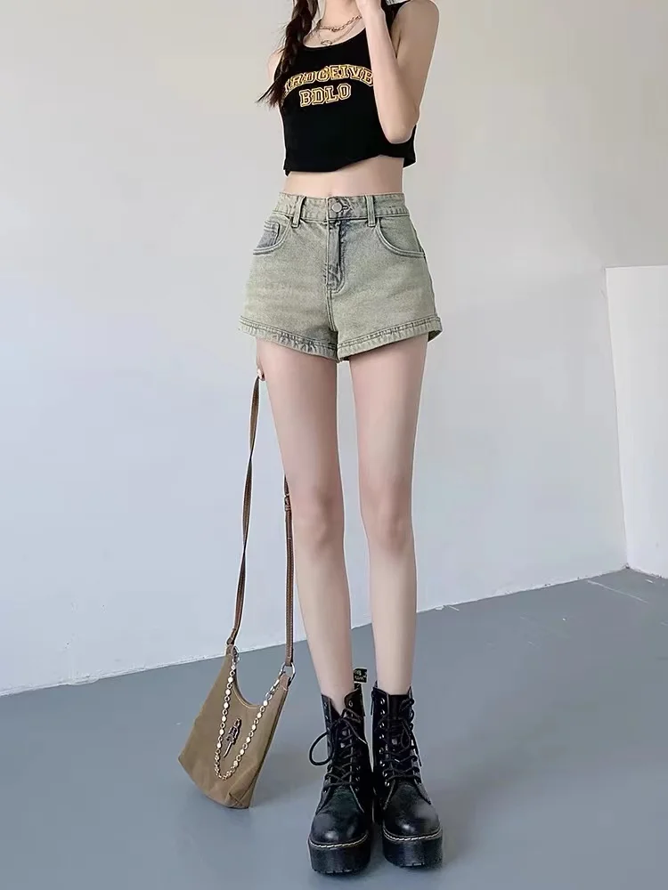 Pantalones cortos vaqueros de verano para mujer, ajustados con cremallera, Retro, corte en A, lavados, estilo americano, chicas calientes, ropa de calle que combina con todo, elegante Ins 2025