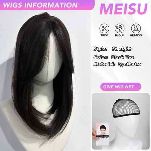Imagen 2 del producto MEISU-peluca sintética recta de té negro de 18 pulgadas, pelo liso Natural resistente al calor, pelucas con flequillo para fiesta con estilo para mujer