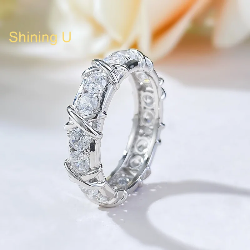 

Shining U S925 Silver Full Gems Crossed Ring for Women Fine Jewelry Engagement