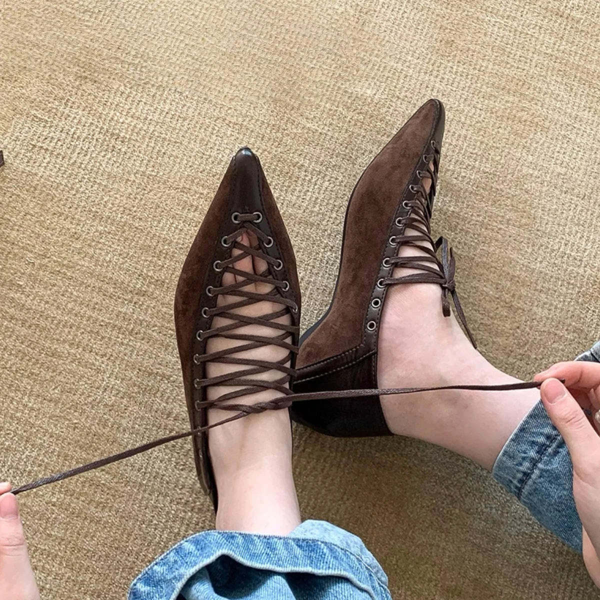 

Soft Soled French Single Shoes Strap Design Single Shoes Mary Jane Shoes Flat Ballet Shoes Hollow Lace Up Shoes Versatile Shoes