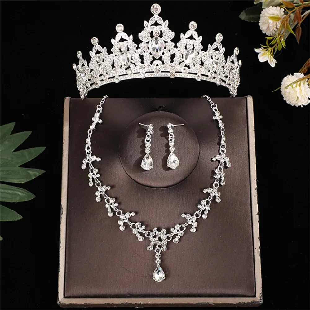 

3pcs/set Luxury Bridal Jewelry Sets Crystal Silver Color Tiaras Crown Necklace Earrings Headpieces Sparkling
