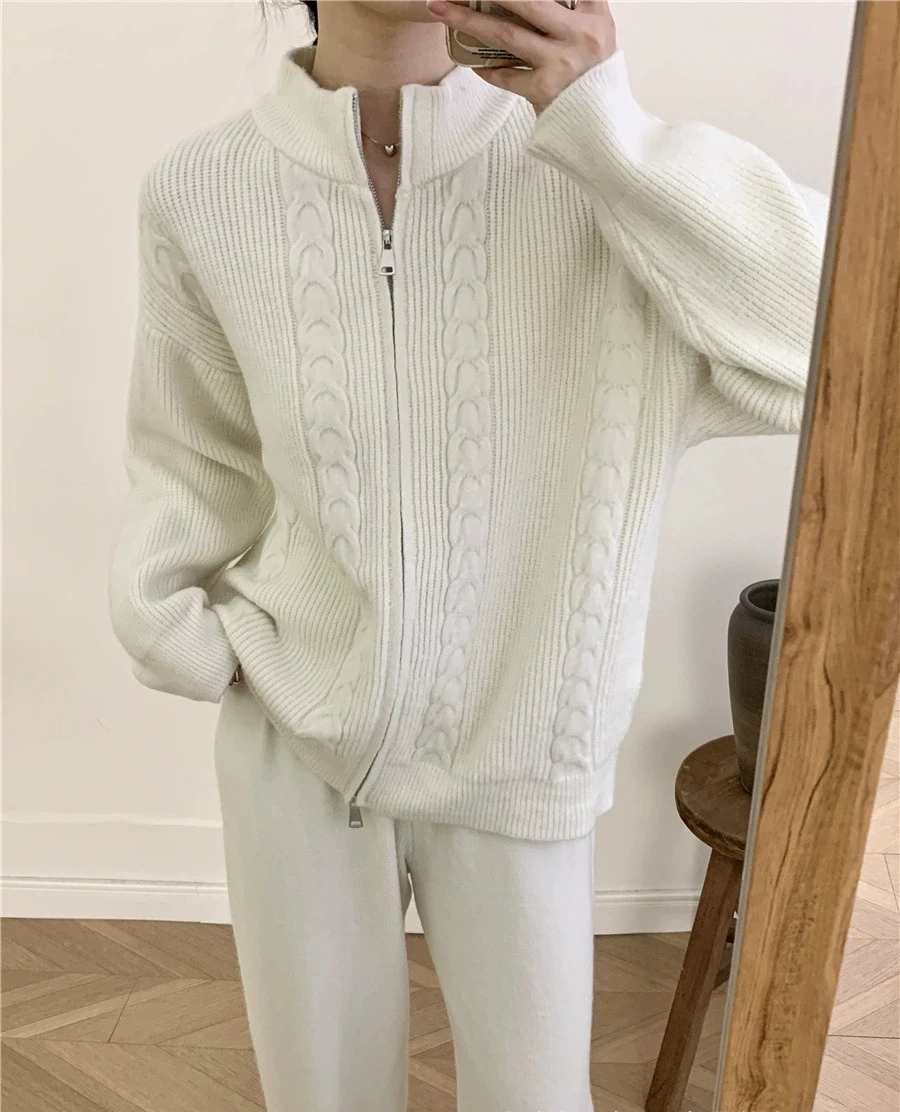 طقم سترة محبوكة بسحاب وبنطلون طويل للنساء، مجموعة خريفية أنيقة بأكمام طويلة وياقة عالية من قطعتين