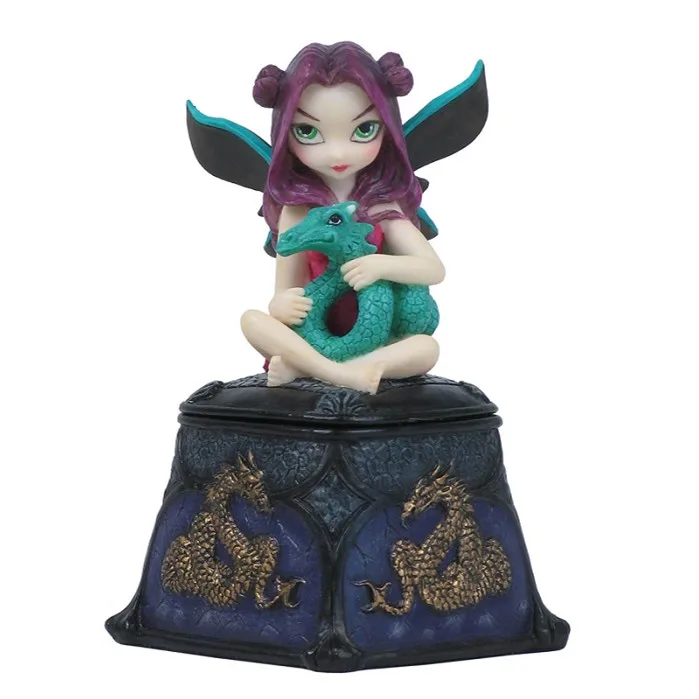 Fairy Resin Jewelry Box Winged Elf Figurine Holding Baby Dragon Storage Box Fantasy Style Desktop Home Decorative Ornament Gift