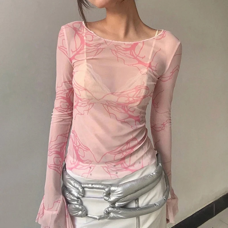 

Pink Tie-dye Slim Tulle Inner Bottom Shirt Long Sleeve Graphic Print Sexy See Through T Shirt Temperament Long Sleeve T-shirt