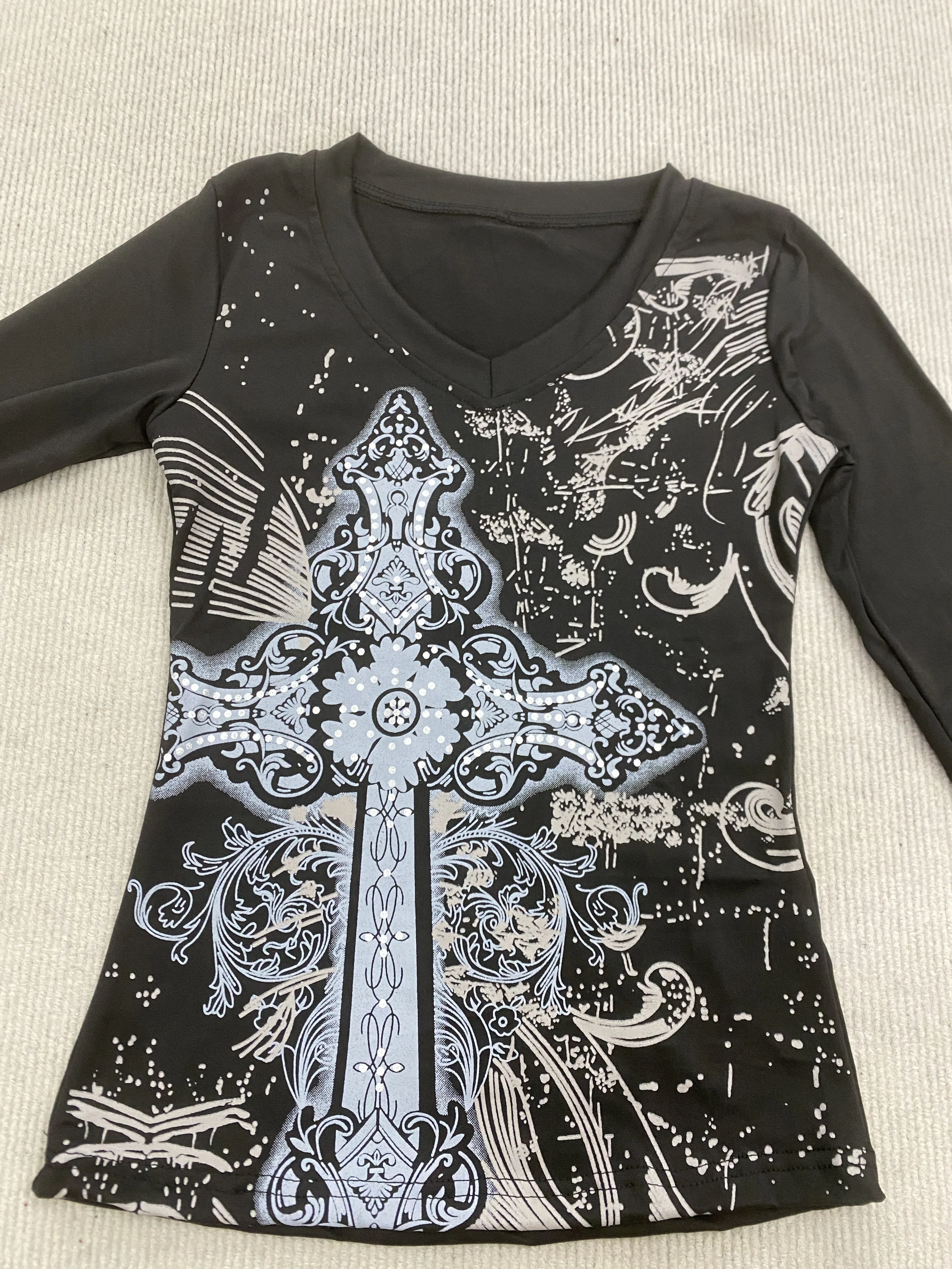 Gothic Retro Y2K Damen-T-Shirt mit Rundhalsausschnitt und langen Ärmeln, dunkler High-Street-Spice-Girl-Stil, tailliert, Herbstmode – Detail 5