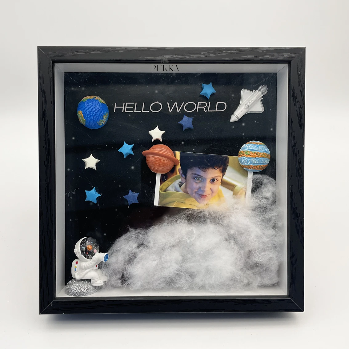 Birthday Gifts Boy Shadowbox Photo Frame Square Black Blue Space Astronaut Hello World Childlike Kids Room Decorations for Boys