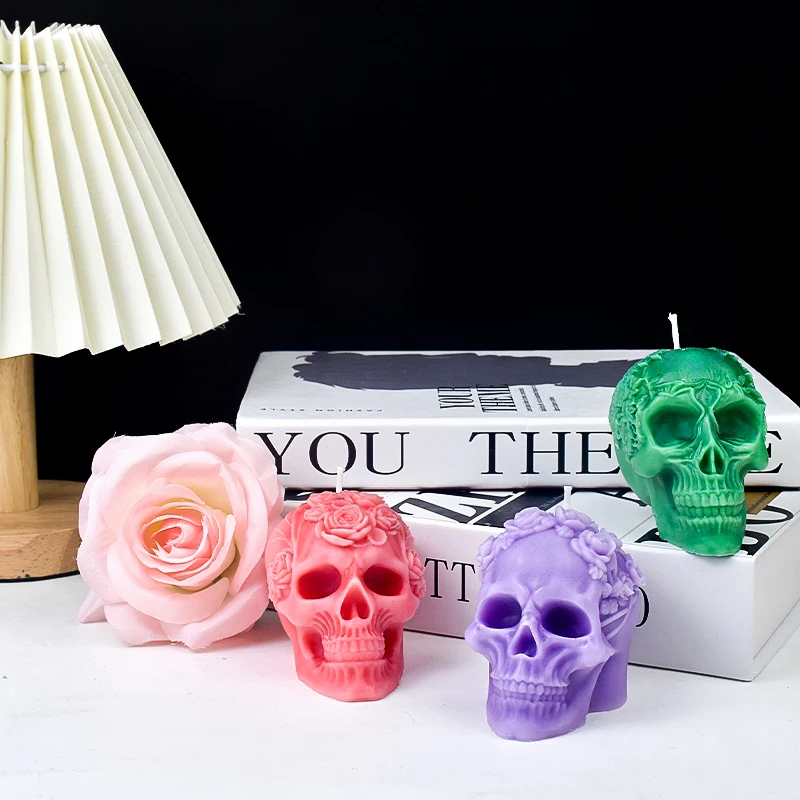 New Halloween Skull Silicone Candle Molds 3D Relief Flower Skull Crafts Resin Plaster Soap Making Mold Home Art Halloween Gift