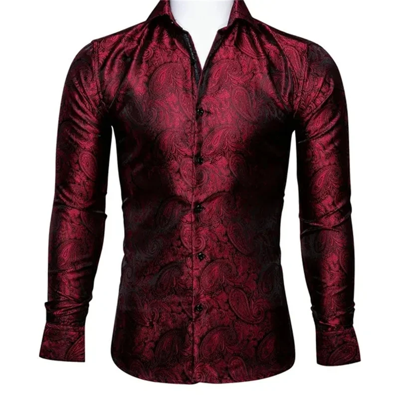 Barry.Wang Luxury Wine Red Paisley 3d Printed Shirts Men Long Sleeve Casual Flower Shirts For Men Slim Fit Dress Shirt tops