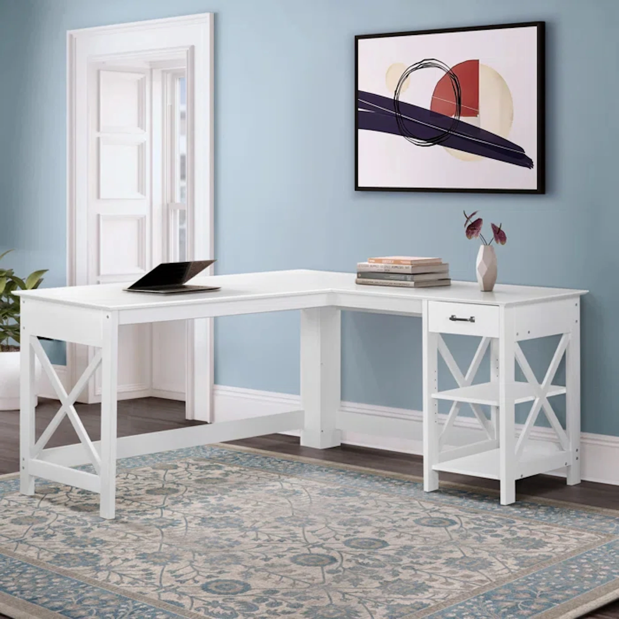 ！@Combohome Modern Minimalist L-Shaped Corner Computer Table Home Desk with Wood Frame for Bedroom Writing or Den Unique Design