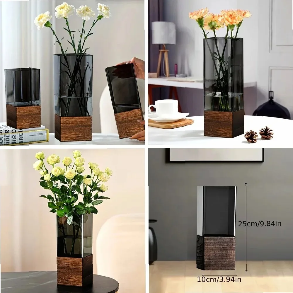 

Elegant Nordic-Style Acrylic Vase with Wooden Base - Perfect for Living Room Decor & Floral Arrangements, Ideal Gift for