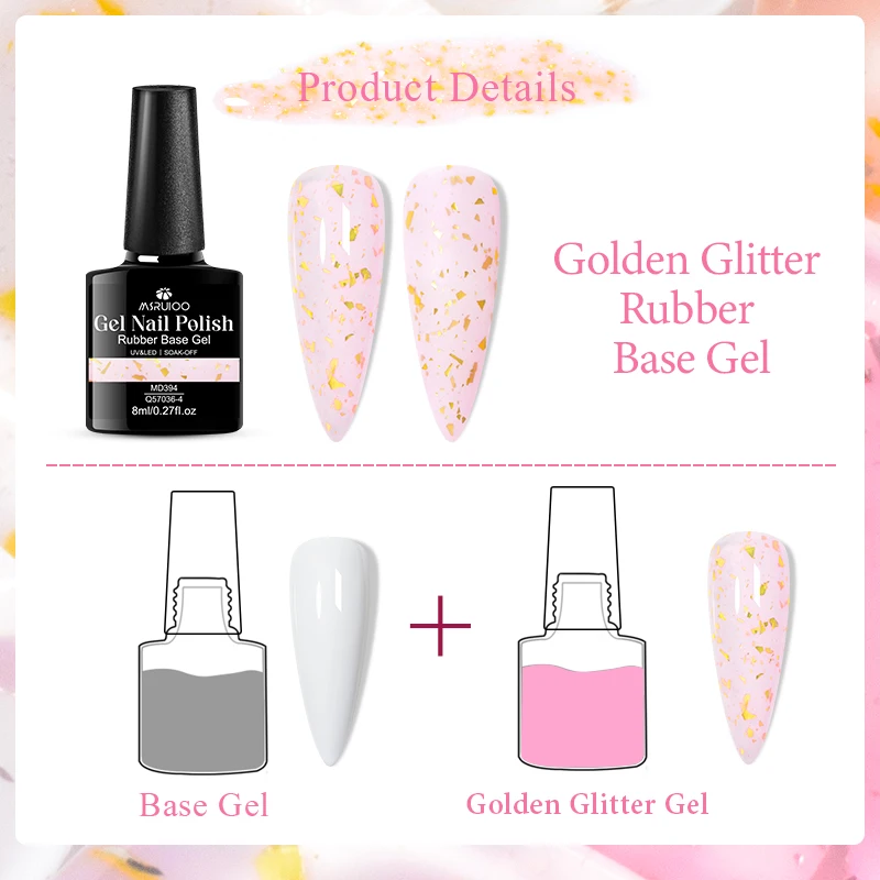 MSRUIOO 8ml Glitter Rubber Base Gel Nail Polish – Pink and White Glitter Glitter Semi-Permanent Art Varnish HEMA/TPO FREE