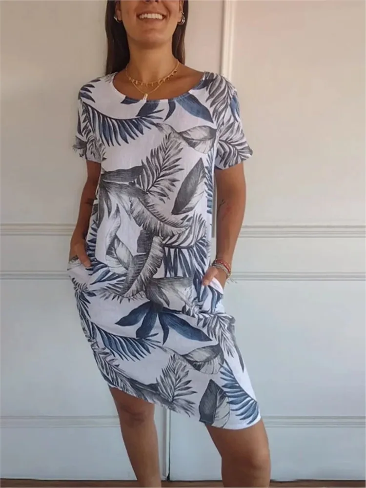 Robe mi-longue en coton et lin pour femmes, tenue décontractée, col rond, manches courtes, poches, style bohème, plage, été