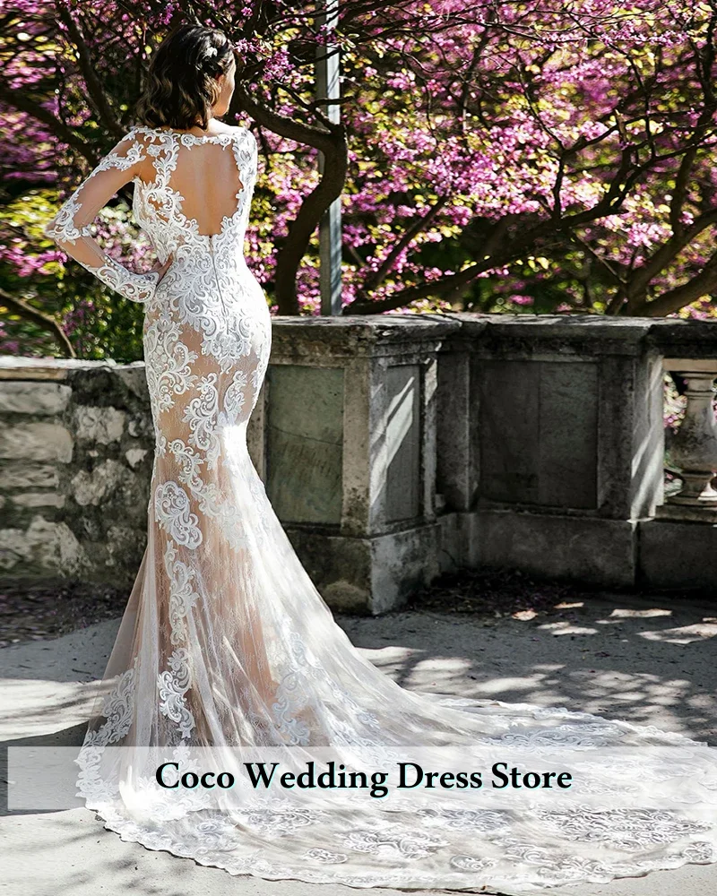 Customized Exquisite Appliques Lace Champagne Satin Lining Long Sleeve Mermaid Wedding Dress Elegant Vestido De Noiva Sereia
