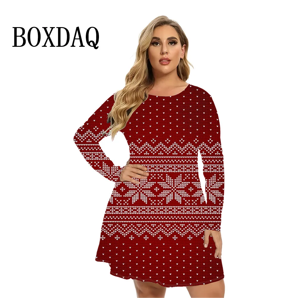 Women Christmas Clothing Long Sleeve Christmas Snowflake Print O-Neck Mini Dress Autumn Winter Casual Loose Plus Size Dress 9XL