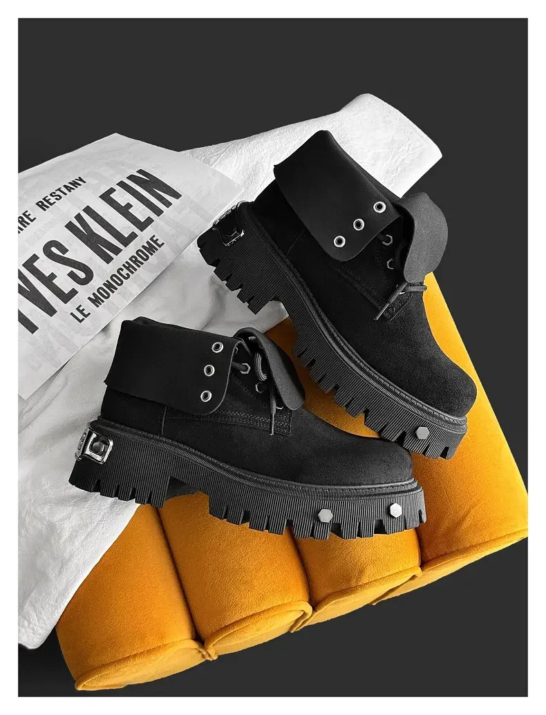 High Top Motorcycle Boots Plus Size 45 Mens Designer Outdoor Work Boots Fashion Casual Leather Height Increased Platform Boots