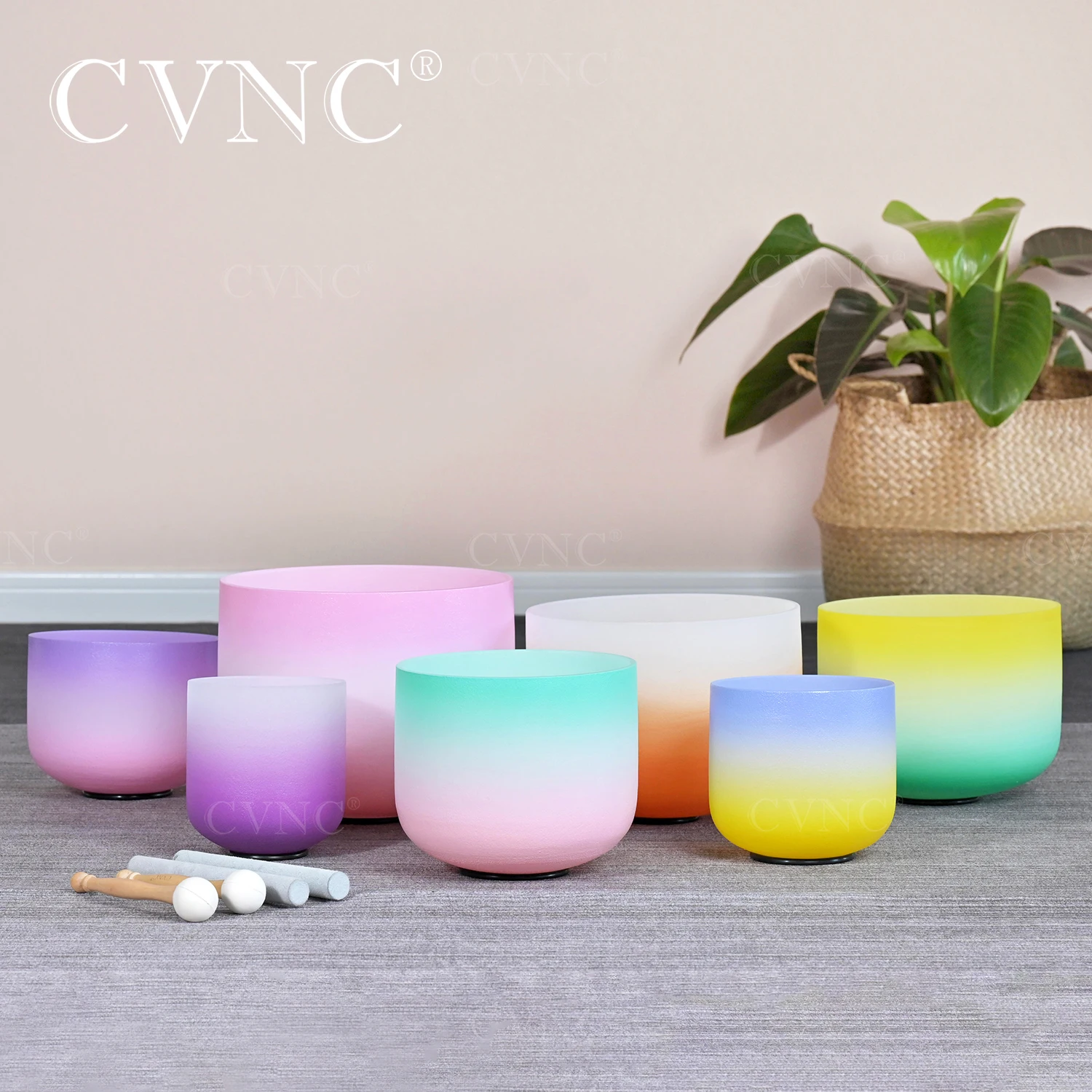 

CVNC 6-12" Candy Color Set 7pcs CDEFGAB Note Frosted Quartz Crystal Singing Bowl Chakra Set with Bags