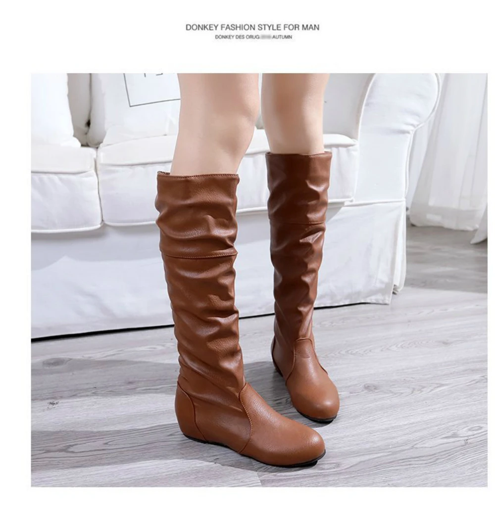 Women Leather Mid Calf Boots Casual Slip on Autumn Winter Long Boots Flats Fashion Pleated Round Toe Black Elegant Botas Female