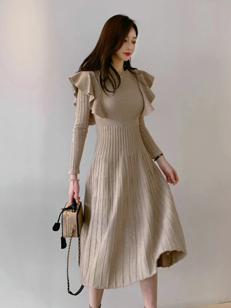 

New Korean Fashion Sweet Knitted Long A-Line Dress Women Ladies Sweater Solid Ruffle O-Neck Skinny Vestido Robe Stretchy Clothes