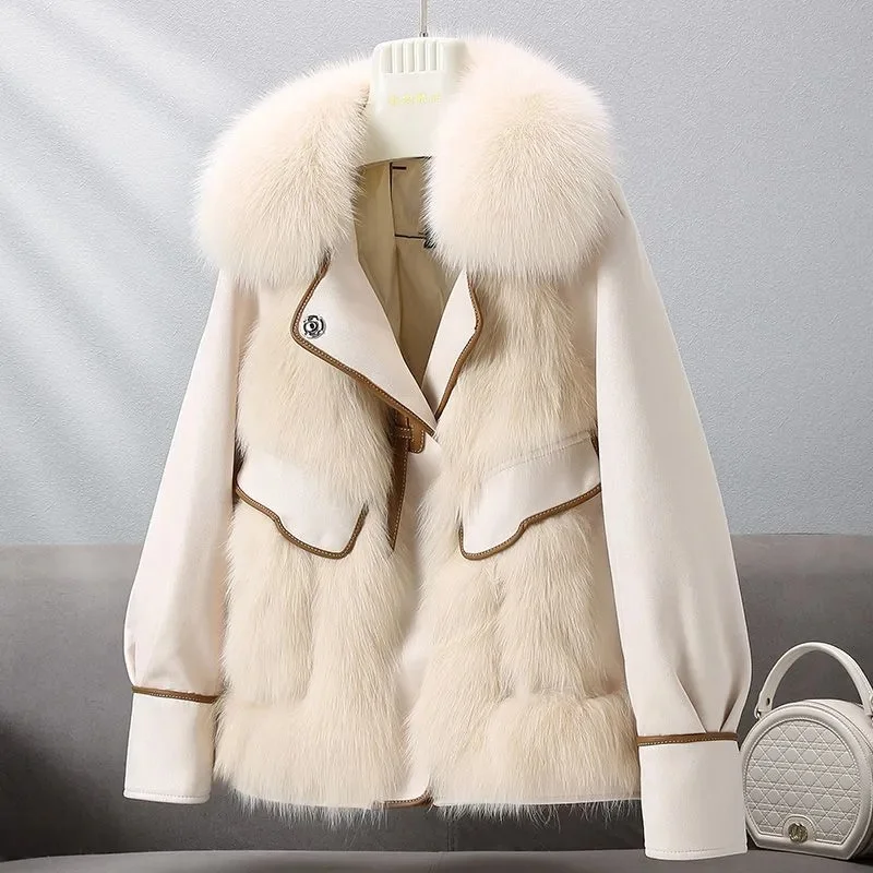 

Winter Faux Fox Fur Coat Women Down Jacket Suede Fabric Splice Overcoat White Duck Down Filler Warm Parkas Thicken Short Coats